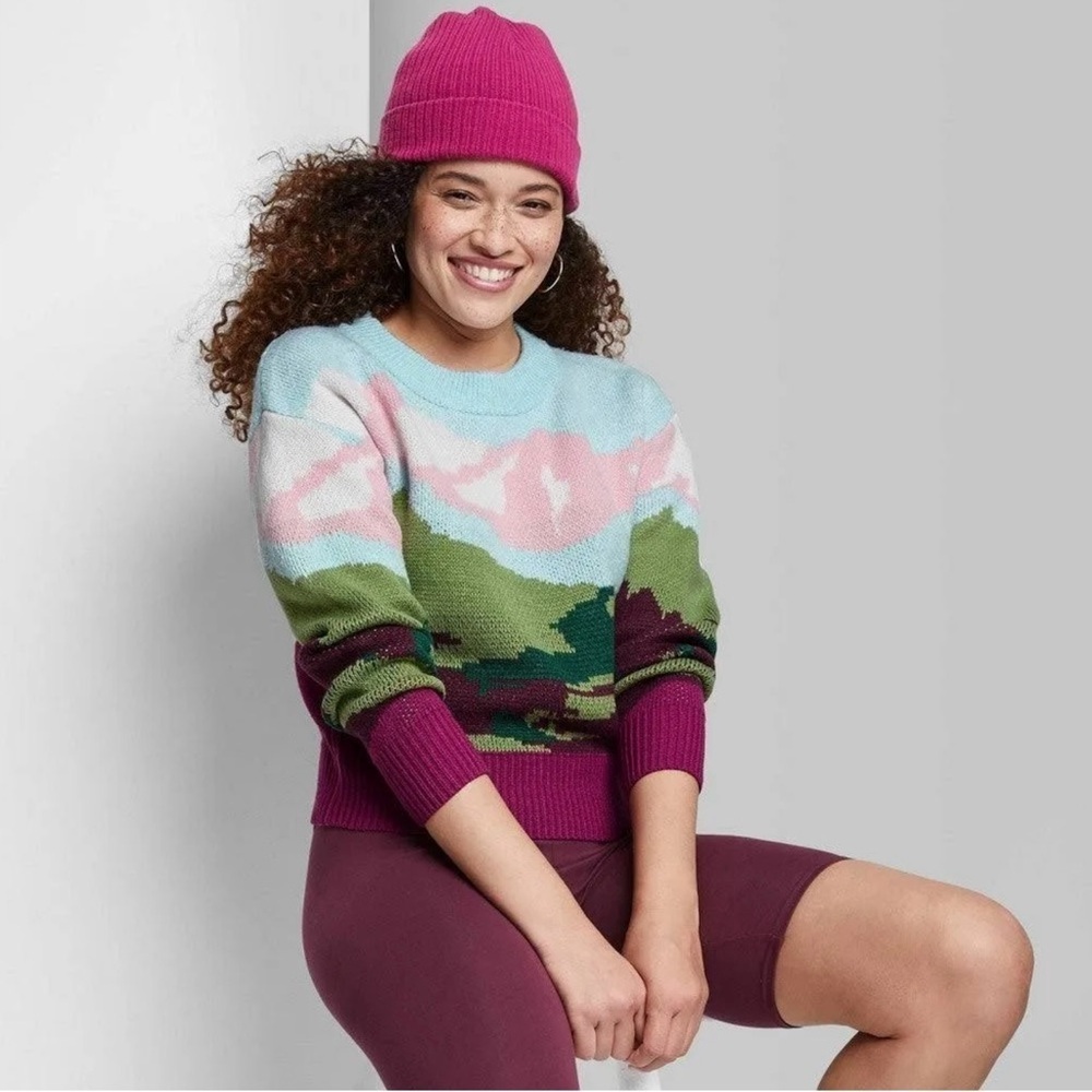 Wild Fable Blue Mountain Landscape Knit Sweater Colorful size XSMALL